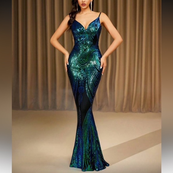 Elegant Blue and Green Evening Gown